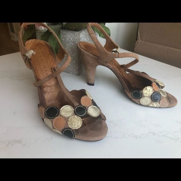 Chie Mihara Suede & Leather Vintage Peep-Toe Heels Size 7 Tan, Golden& Black - Picture 1 of 6